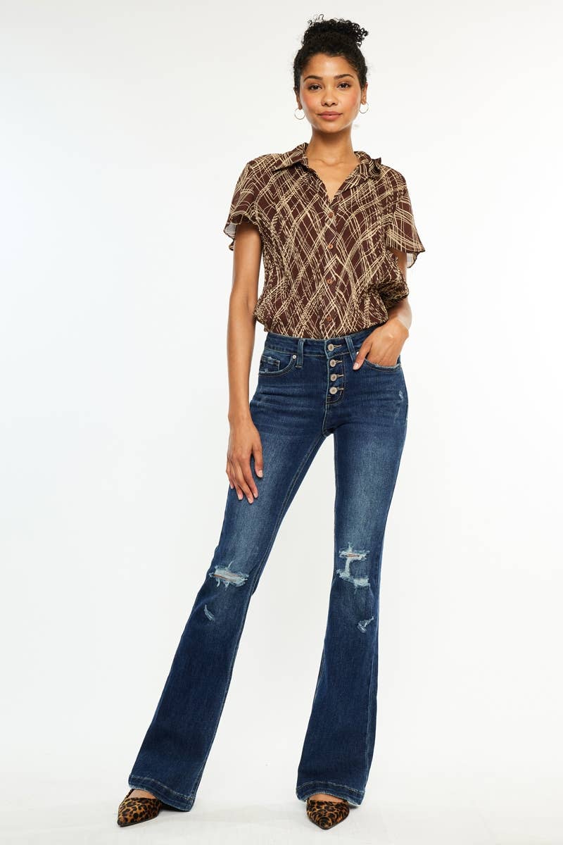 MID RISE BUTTON UP DISTRESS FLARE JEANS
